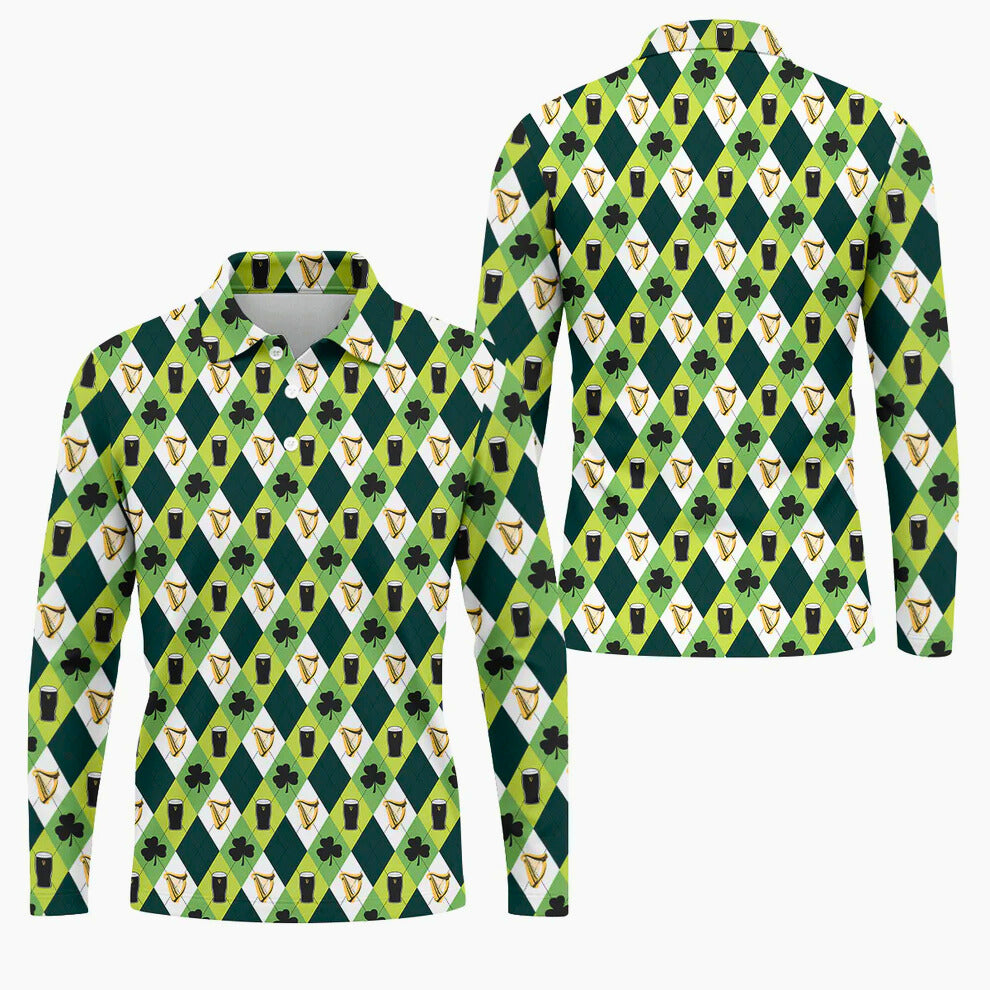 Men's St. Patrick's Day Golf Shirt, Green And White Argyle Pattern Beer
