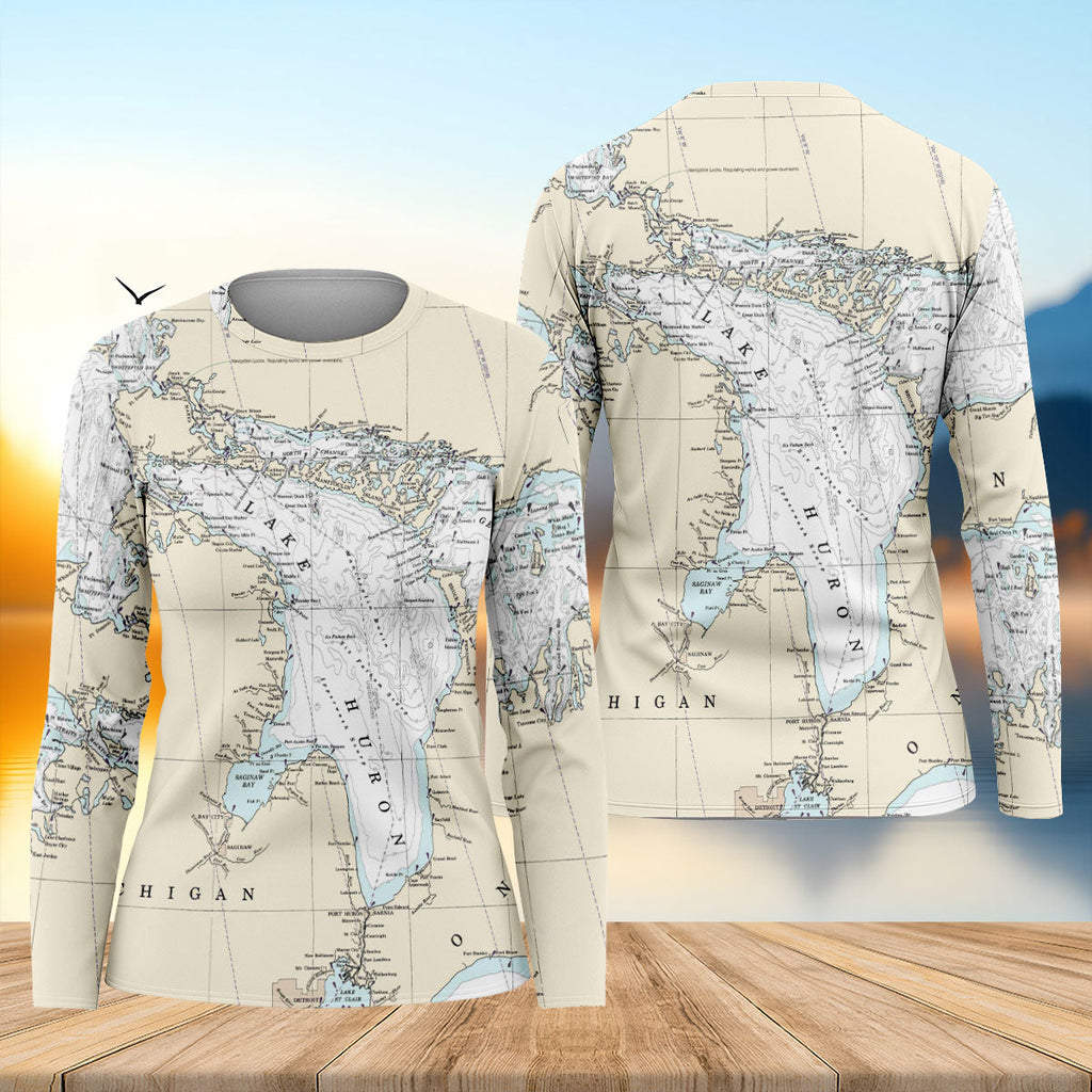 Vintage Lake Huron Map UPF Shirt, Long Sleeve Fishing Shirt For Women, Fishing Sun Shirt