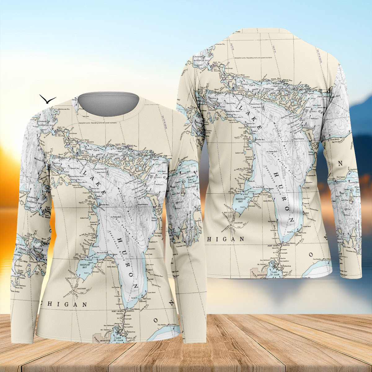 Vintage Lake Huron Map UPF Shirt, Long Sleeve Fishing Shirt For Women, Fishing Sun Shirt