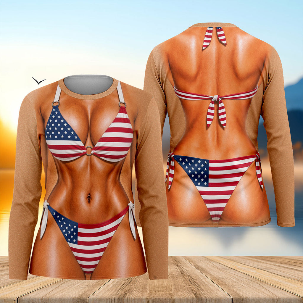 Patriotic Flag Bikini Body Illusion UPF Shirt, Womens Fishing Shirt, Fishing Apparel