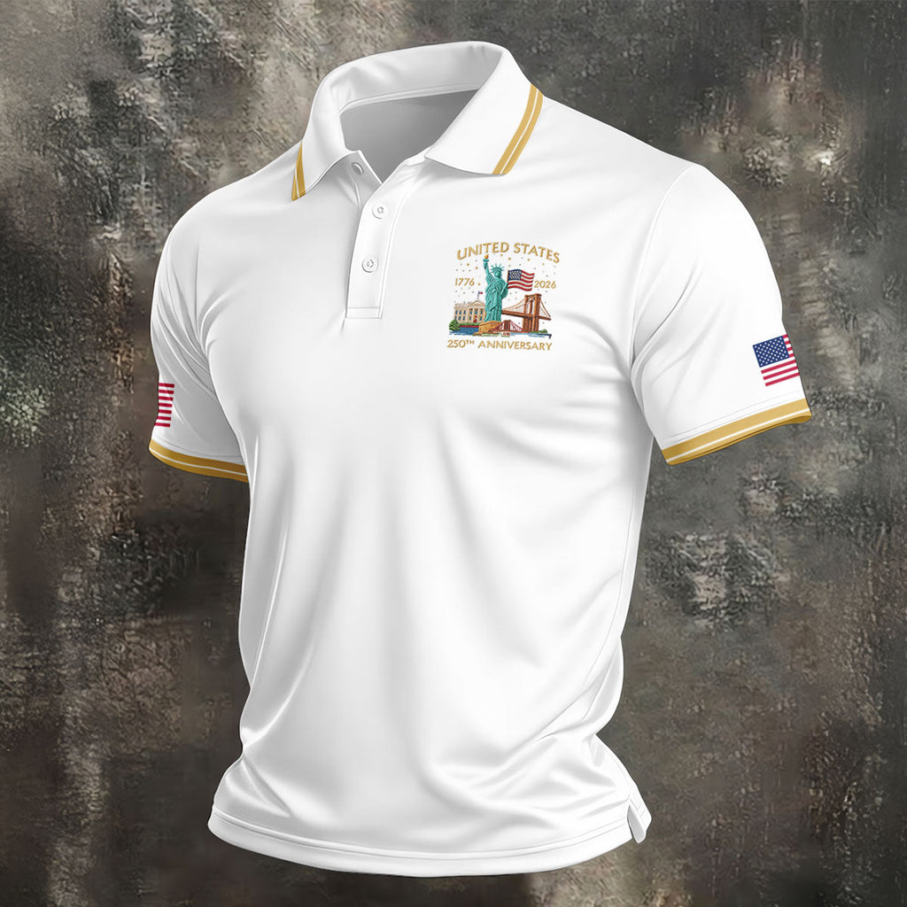 American Symbols White Patriotic Golf Shirt, US 250 Years 4th Of July Golf Shirts For Men