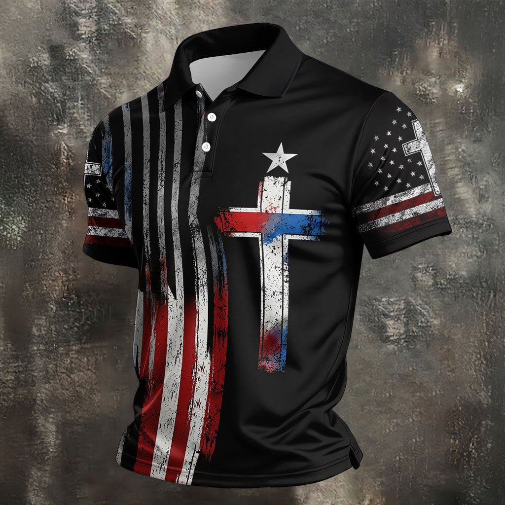 Faith Cross US Flag Golf Shirt, 250 Years Retro Golf Shirt, Patriotic 4th Of July Polo Shirts For Men