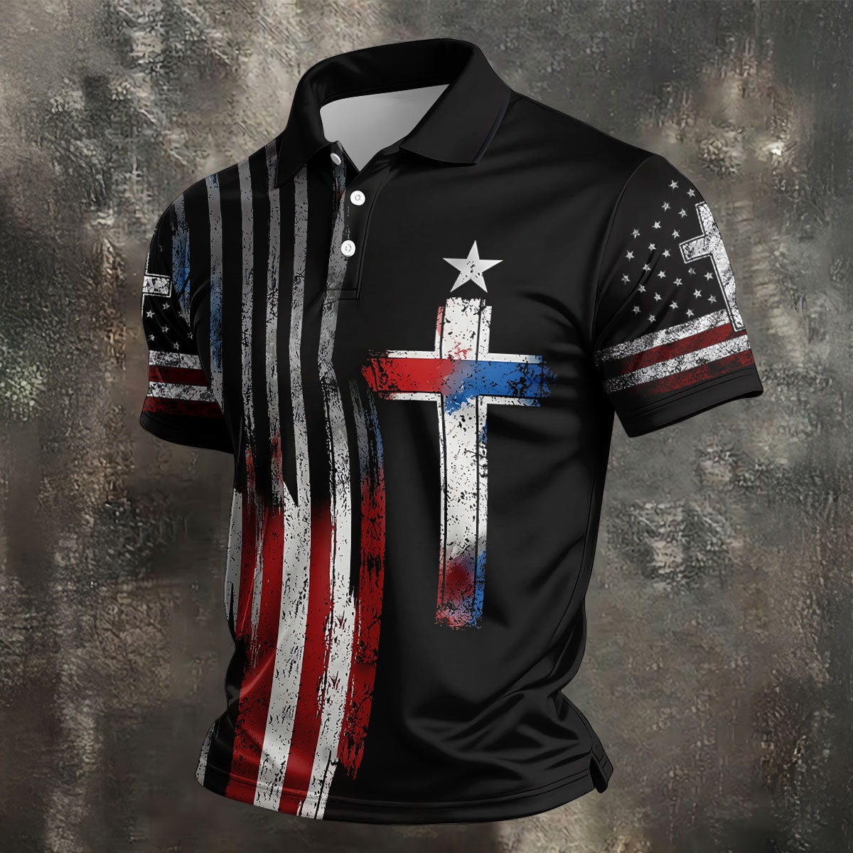 Faith Cross US Flag Golf Shirt, 250 Years Retro Golf Shirt, Patriotic 4th Of July Polo Shirts For Men
