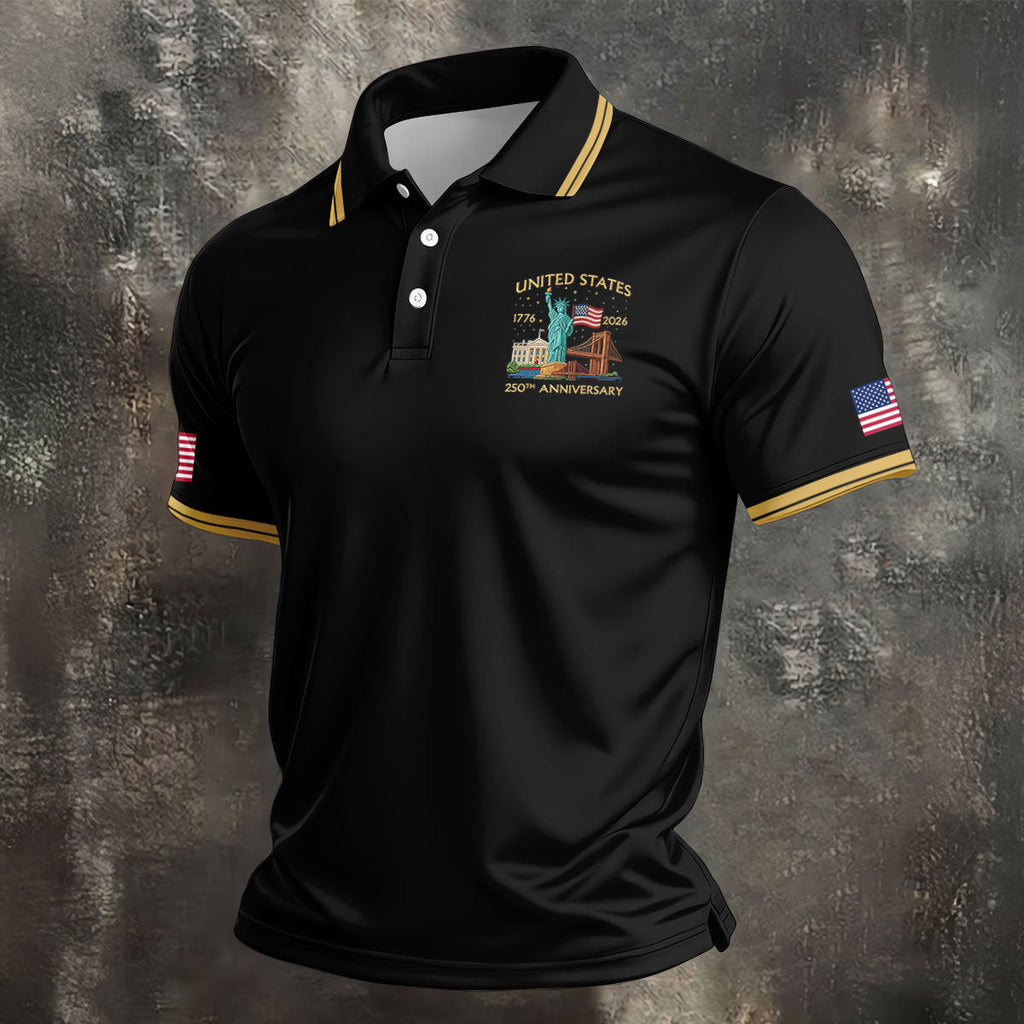 American Symbols Black Patriotic Golf Shirt, US 250 Years 4th Of July Golf Shirts For Men