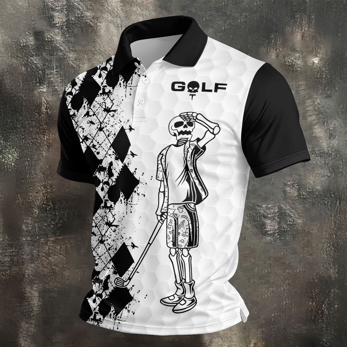 Golf Skeleton Splatter Effect Argyle Pattern Golf Tops For Men, Father's Day Golf Gift