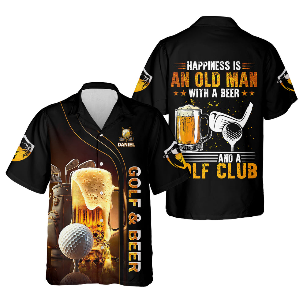 Personalized Happiness Is An Old Man With A Beer Golf Shirt, Custom Name Men's Golf Top