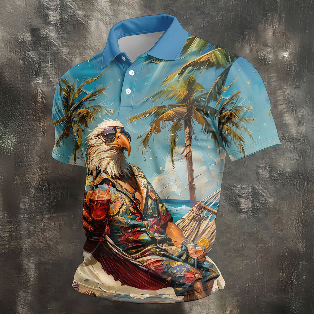 Cool Bald Eagle Tropical Vacation Hawaiian Golf Shirt, Vibrant Color Golf Shirts For Men