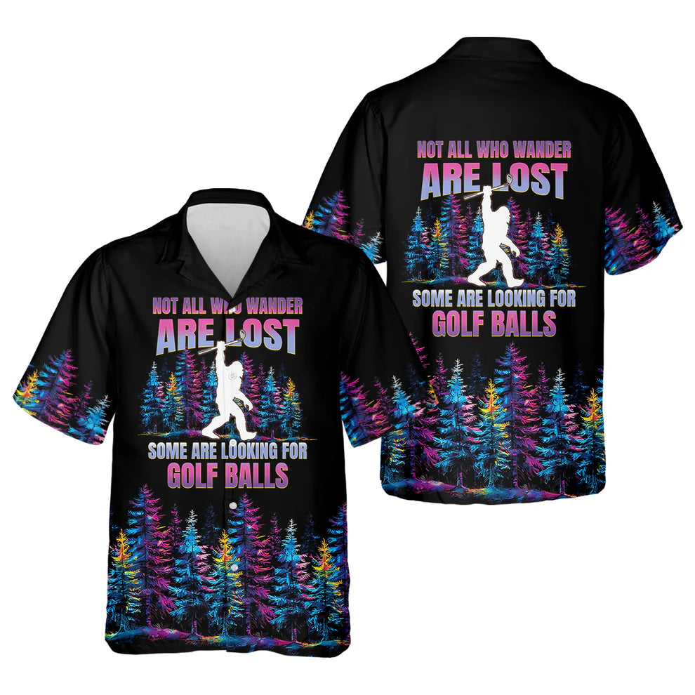 Bigfoot Moon Forest Golf Shirt, Not All Who Wander Are Lost, Funny Men's Sasquatch Tee, Dad Golf Gift