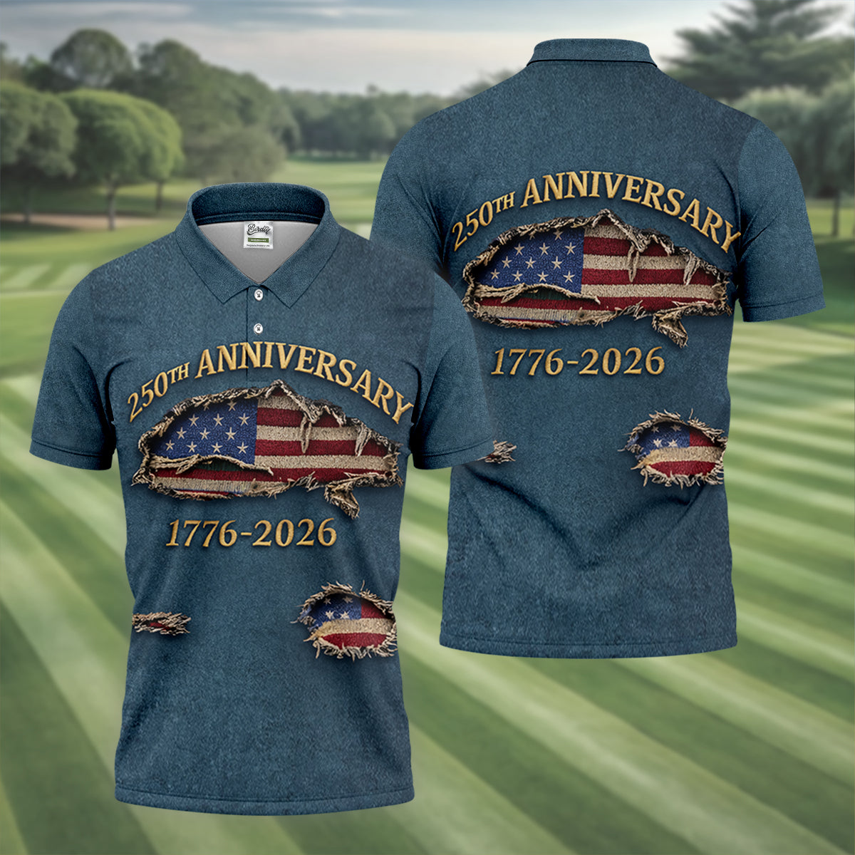 Patriotic American Flag 250th Anniversary Blue Denim Color Ripped Effect Golf Shirts For Men, Polo Shirts For Men