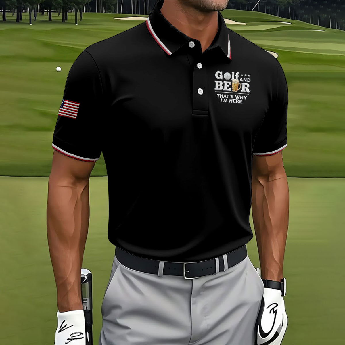 Golf And Beer That's Why I'm Here 250 Years US Flag Golf Shirt, Patriotic 4th Of July Golf Shirts For Men