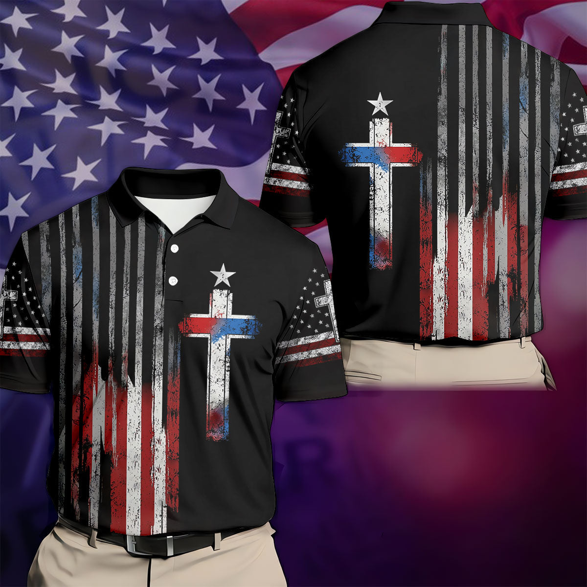 Faith Cross US Flag Golf Shirt, 250 Years Retro Golf Shirt, Patriotic 4th Of July Polo Shirts For Men