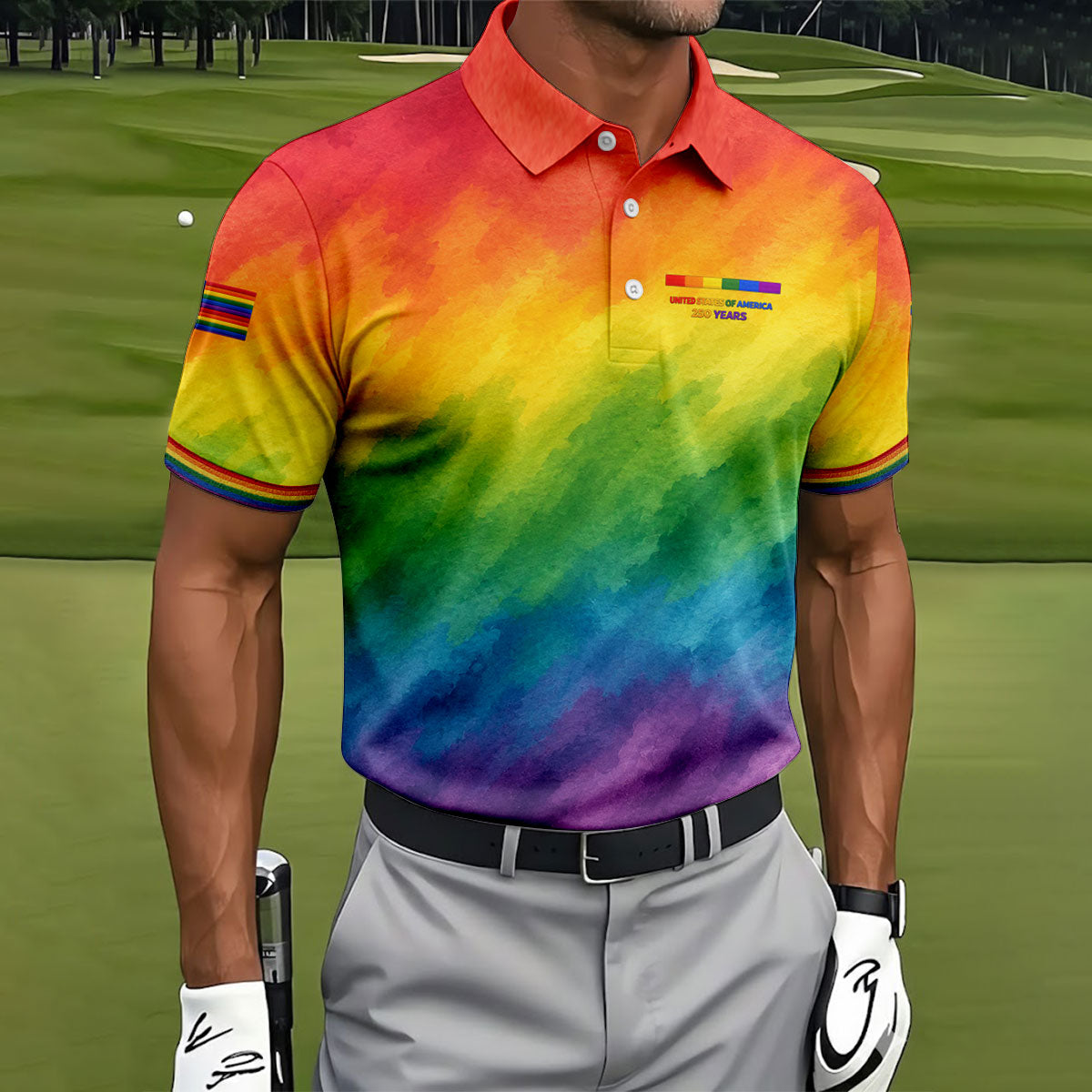USA 250 Years LGBT Rainbow Golf Tops For Men, LGBT Pride Month Patriotic Golf Shirt