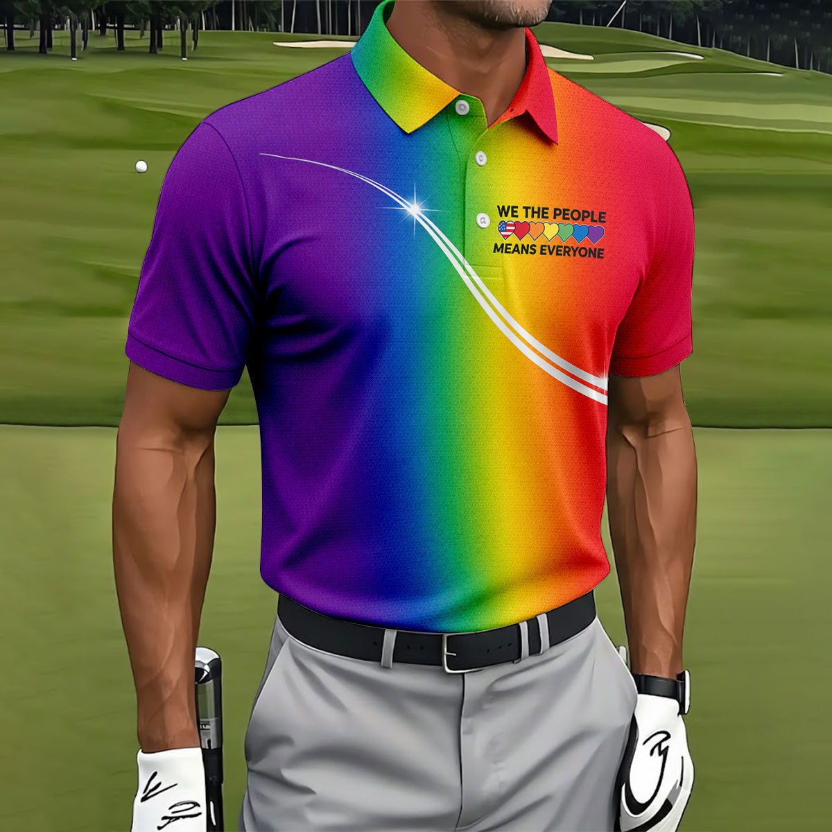 We The People Means Everyone LGBT Rainbow Gradient Golf Tops For Men, Pride Month Golf Shirts For Men