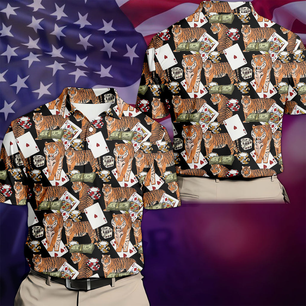 Money Tiger Poker Dice Chips And Cards Hawaiian Golf Shirt, Men's Funny Golf Shirts