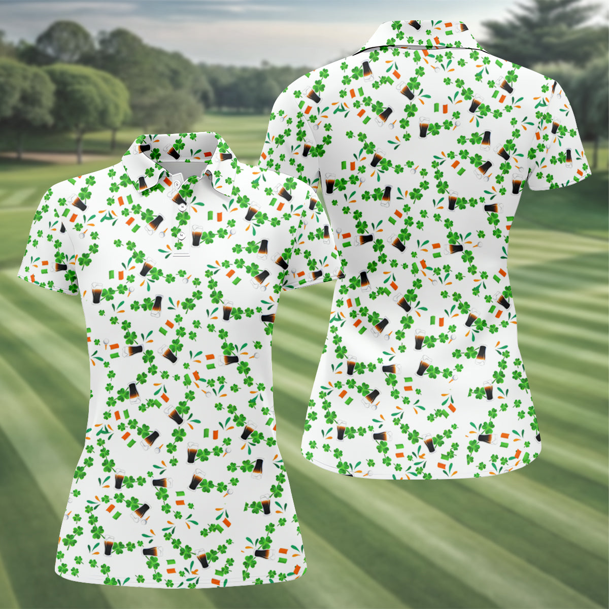 Dark Stout Beer St Patrick's Day Shamrocks White Golf Shirt, Women's Golf Tops, Ladies Golf Shirt