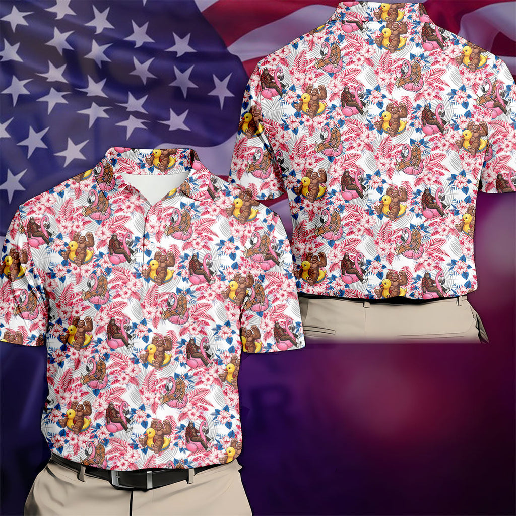 Funny Bigfoot Pool Party Hawaiian Golf Shirt, Red White Blue Tropical Flamingo Golf Shirts For Men