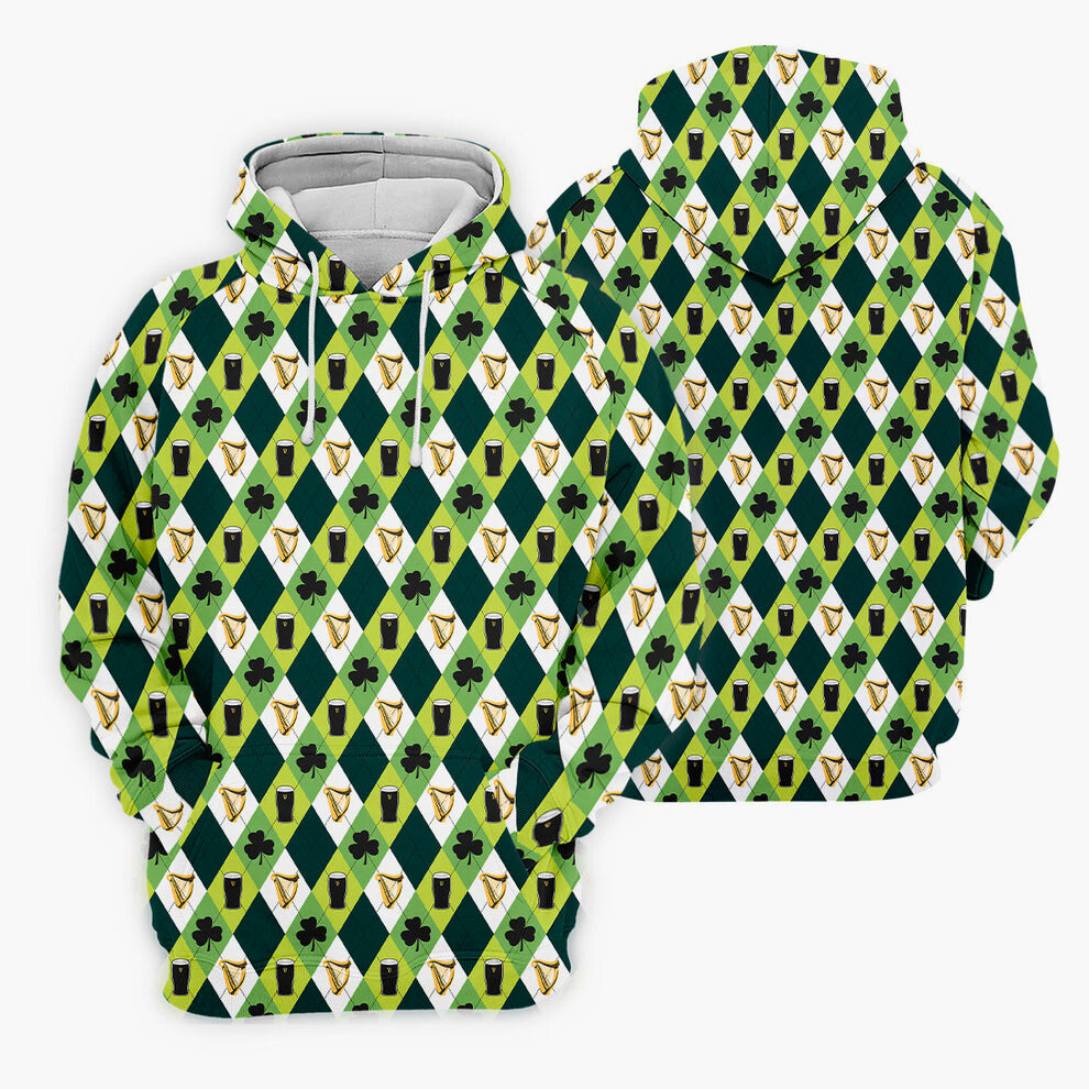 Men's St. Patrick's Day Golf Shirt, Green And White Argyle Pattern Beer