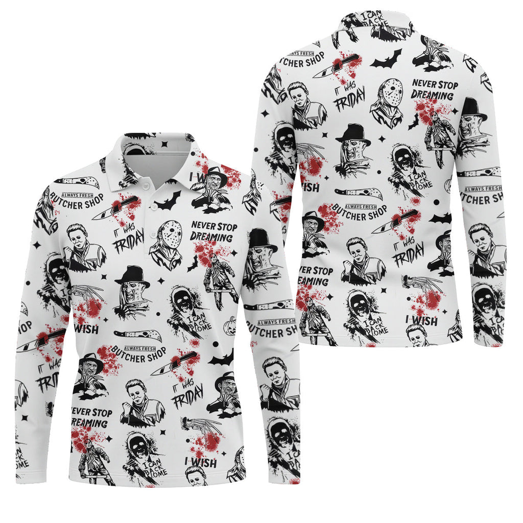 Horror Halloween Character White Golf Shirt, Fun Golf Shirts For Men, Horror Movie Shirt