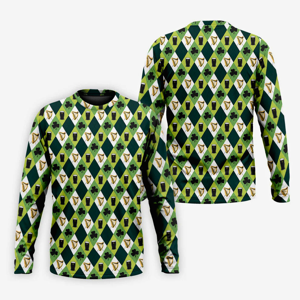 Men's St. Patrick's Day Golf Shirt, Green And White Argyle Pattern Beer