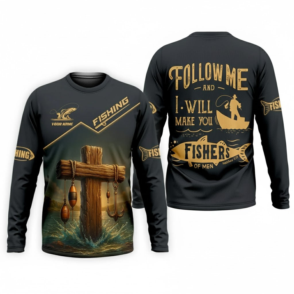 Personalized Follow Me And I Will Make You Fishers Of Men Fishing Long Sleeve Shirt, Jesus Fishing Shirt, Custom Name