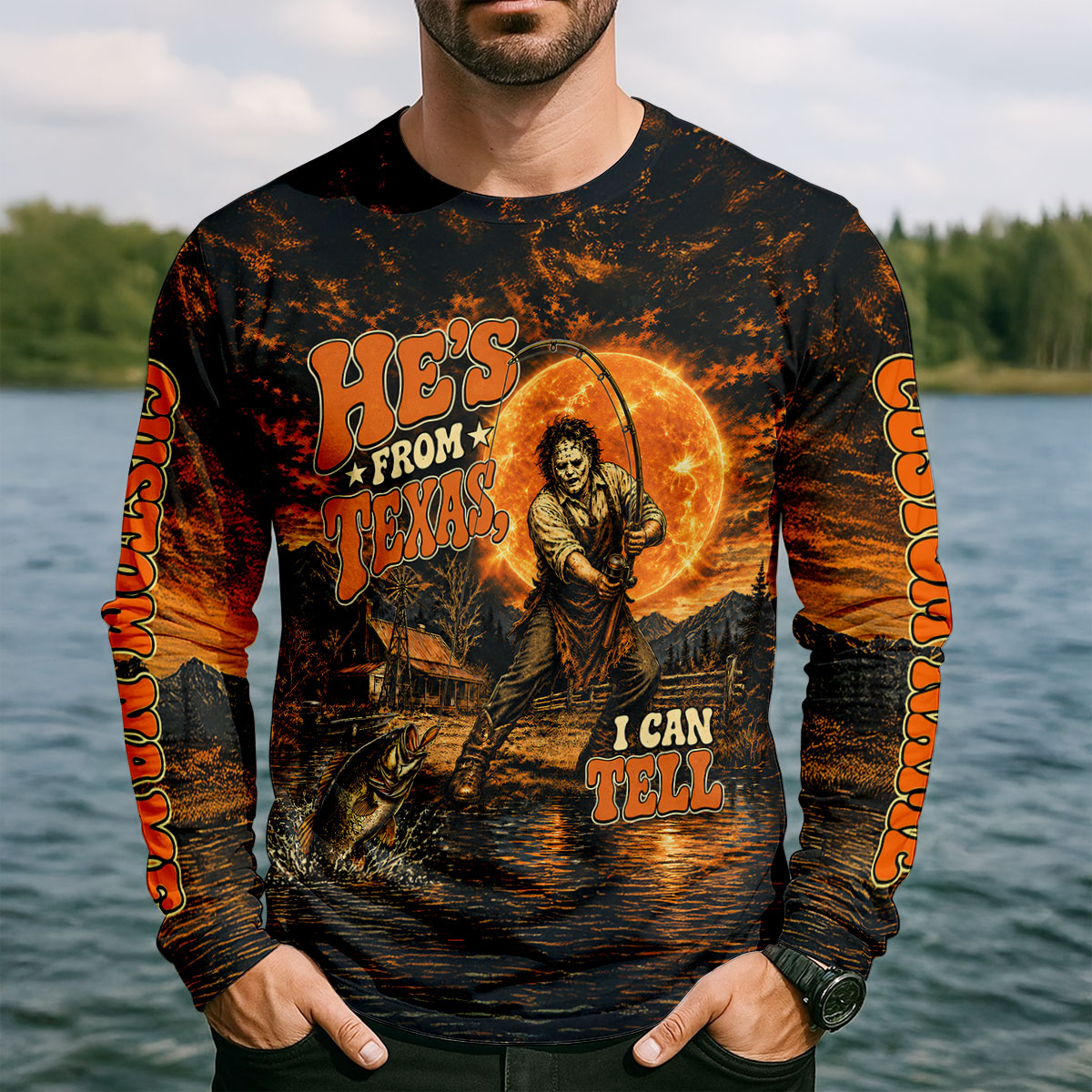 He's From Texas I Can Tell Horror Character UPF Shirt, Mens Fishing Shirt, Halloween Fishing Shirt