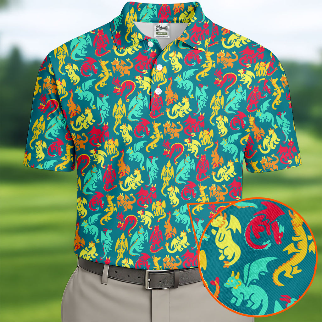 Cartoon Dragons Colorful Golf Shirt, Cute Golf Outfit, Polo Shirts For Men, Golf Shirts For Men