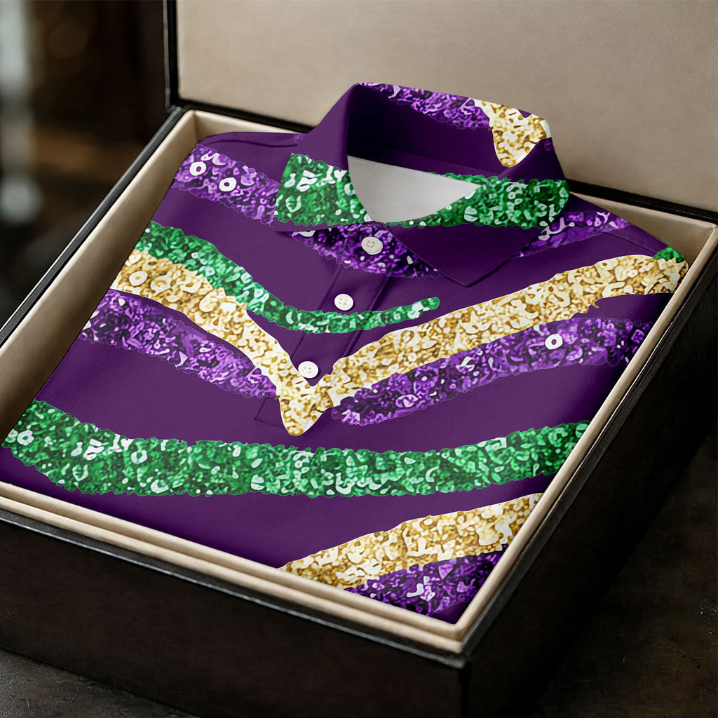 Purple Green Gold Sequin Pattern Purple Golf Shirt, Mardi Gras Golf Shirt, Polo Shirts For Men