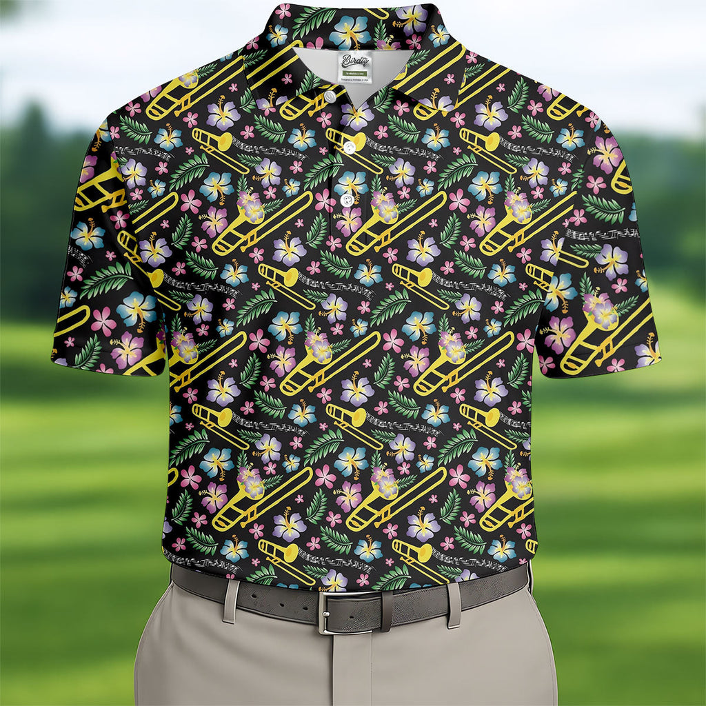 Trombones Floral Tropical Vibe Golf Tops For Men, Polo Shirts For Men, Golf Shirts For Men