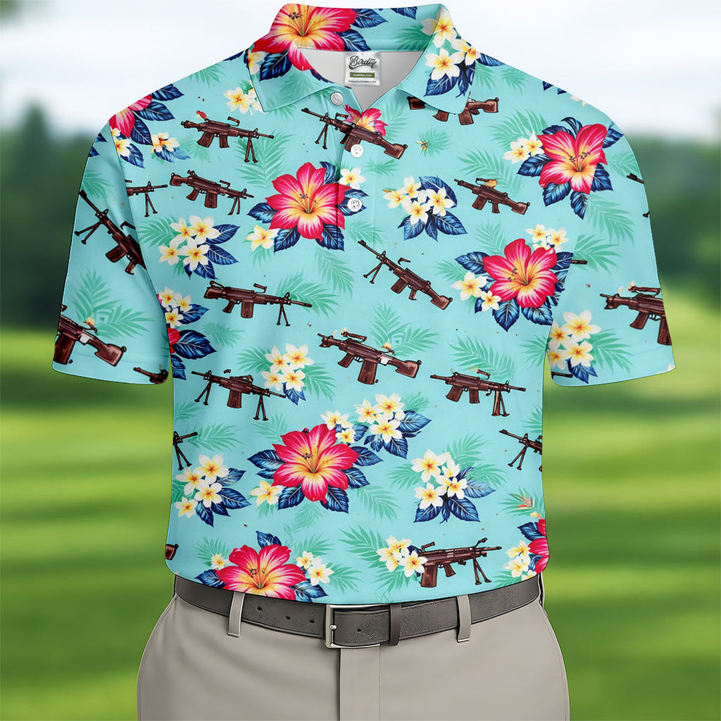 Floral Pattern Army Theme Hawaiian Golf Shirt, Men's Golf Polo Shirts, Golf Shirts For Men