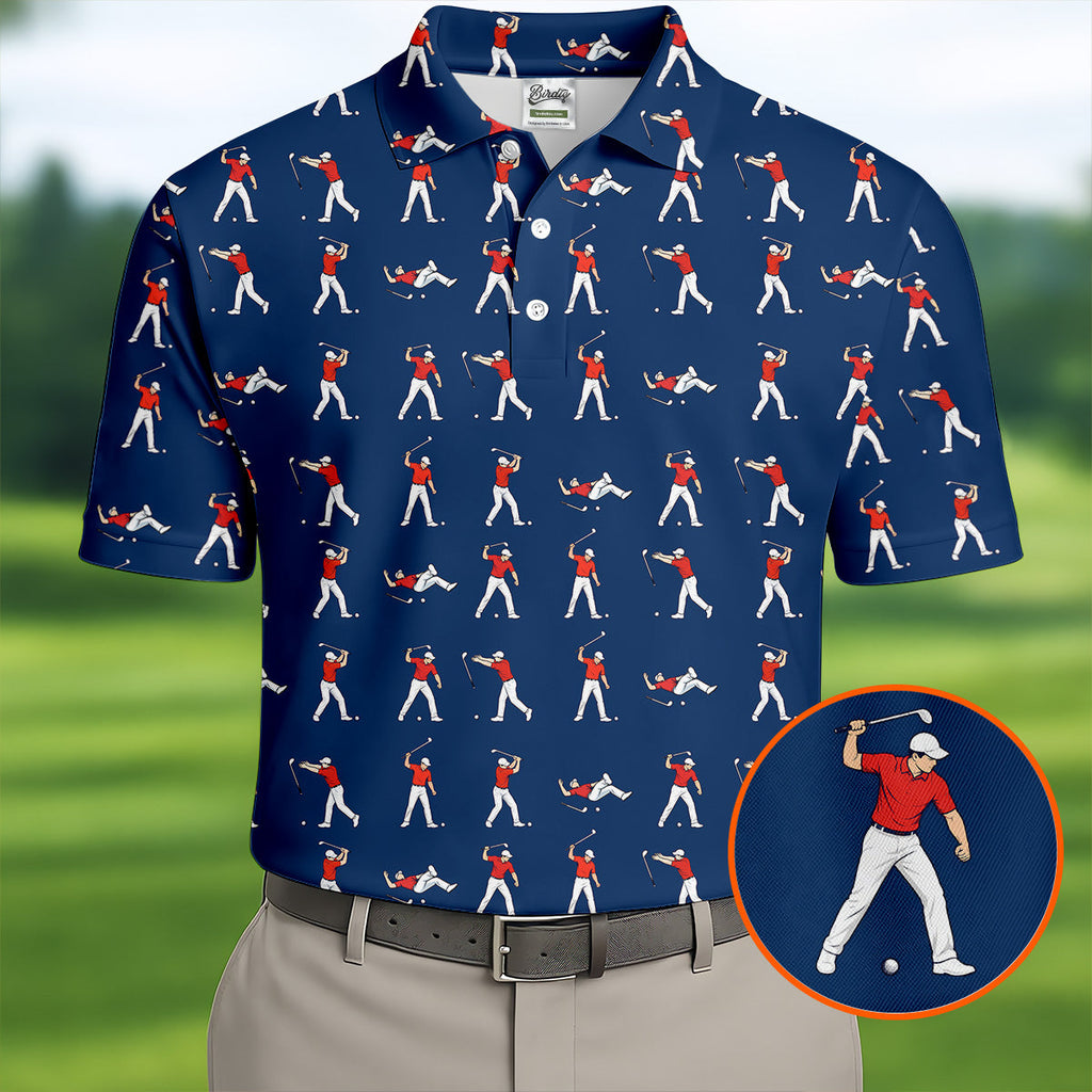 Cartoon Figures Golf Pose Navy Golf Shirt, Golf Tops For Men, Polo Shirts For Men, Golf Shirts For Men