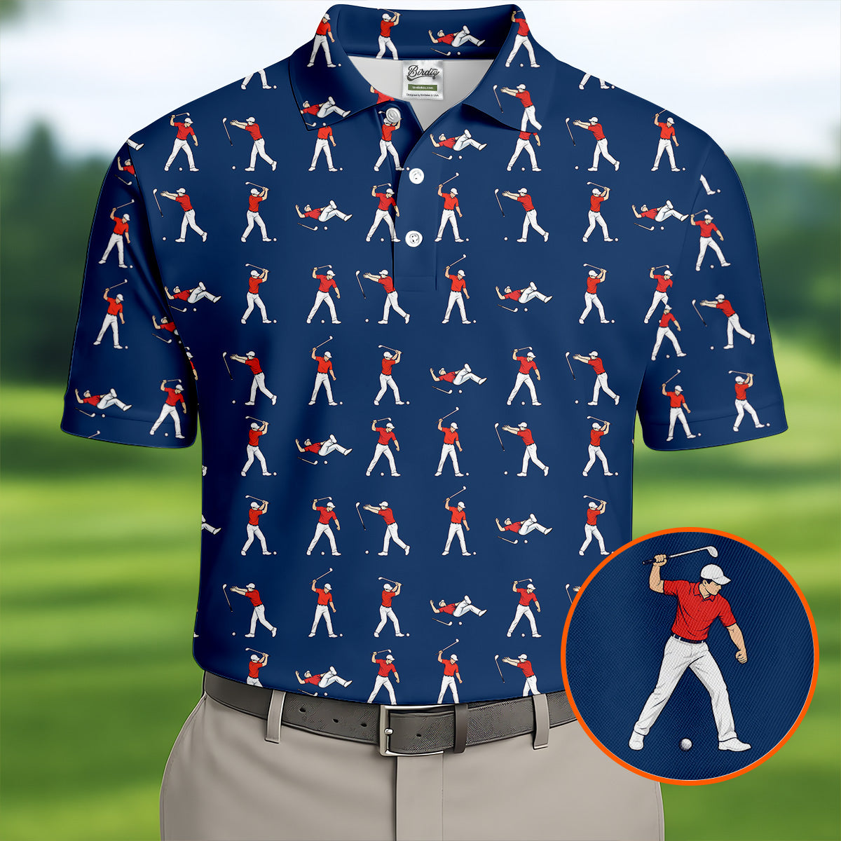 Cartoon Figures Golf Pose Navy Golf Shirt, Golf Tops For Men, Polo Shirts For Men, Golf Shirts For Men