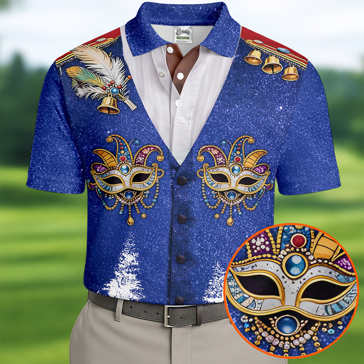 Masquerade Mask Feather Mardi Gras Glitter Print Blue Golf Shirt, Polo Shirts For Men, Golf Shirts For Men