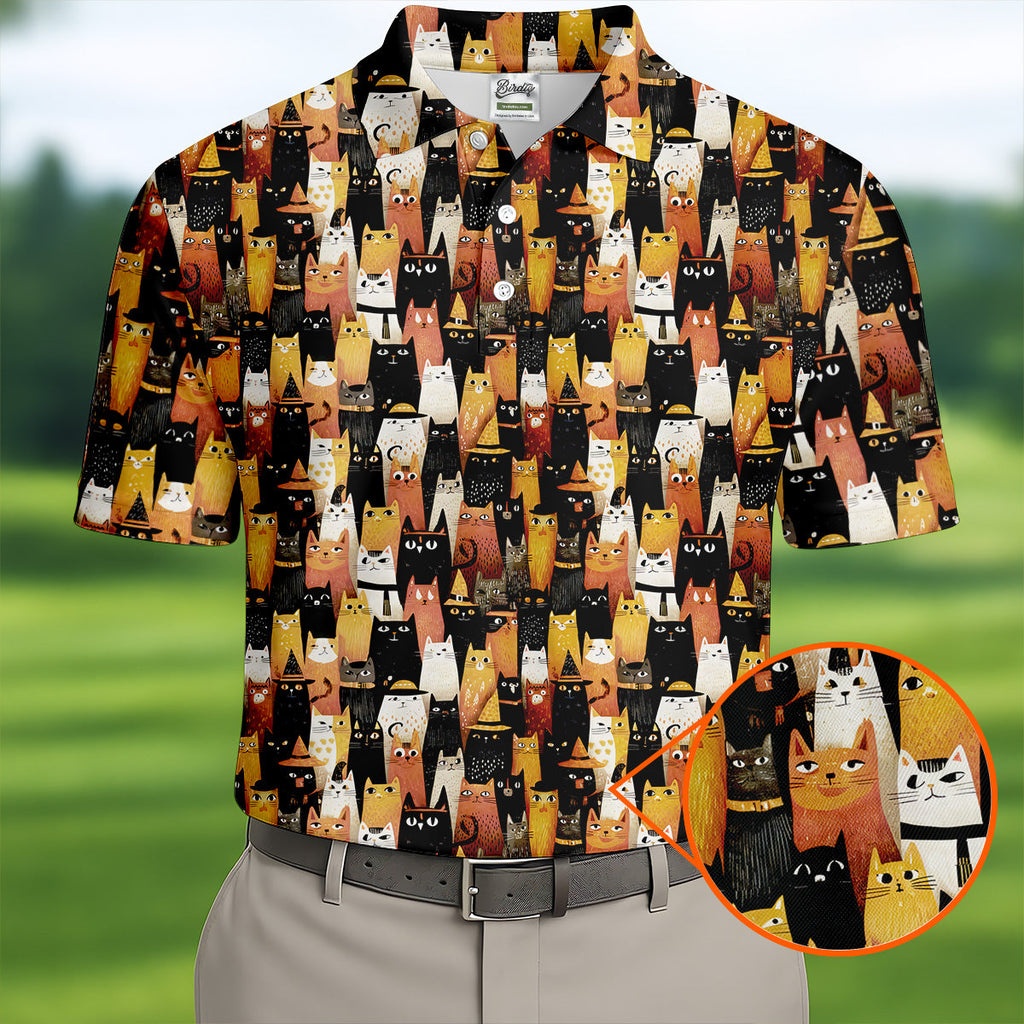 Orange Black Halloween Cat Fun Golf Shirts For Men, Cute Golf Outfit, Polo Shirts For Men