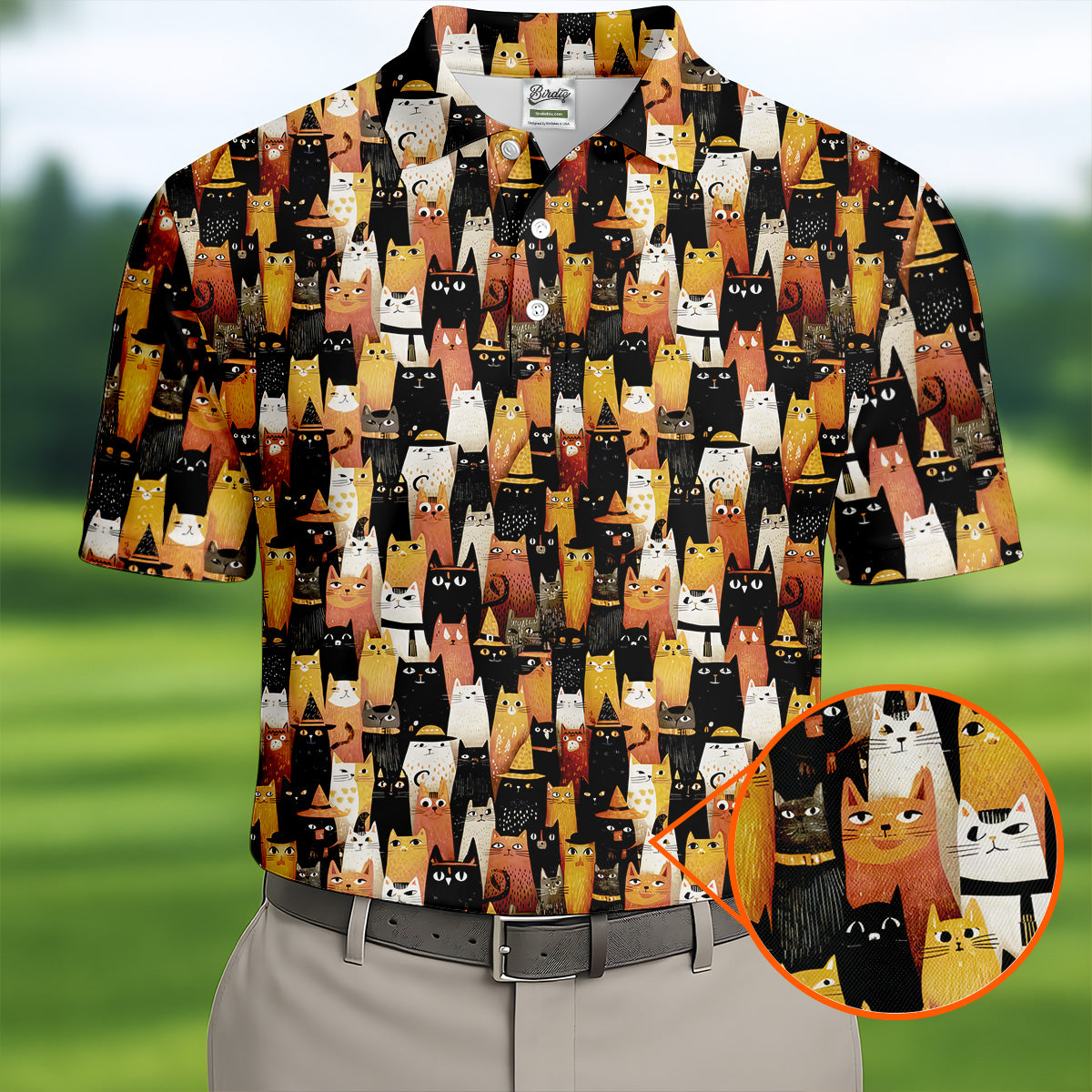 Orange Black Halloween Cat Fun Golf Shirts For Men, Cute Golf Outfit, Polo Shirts For Men