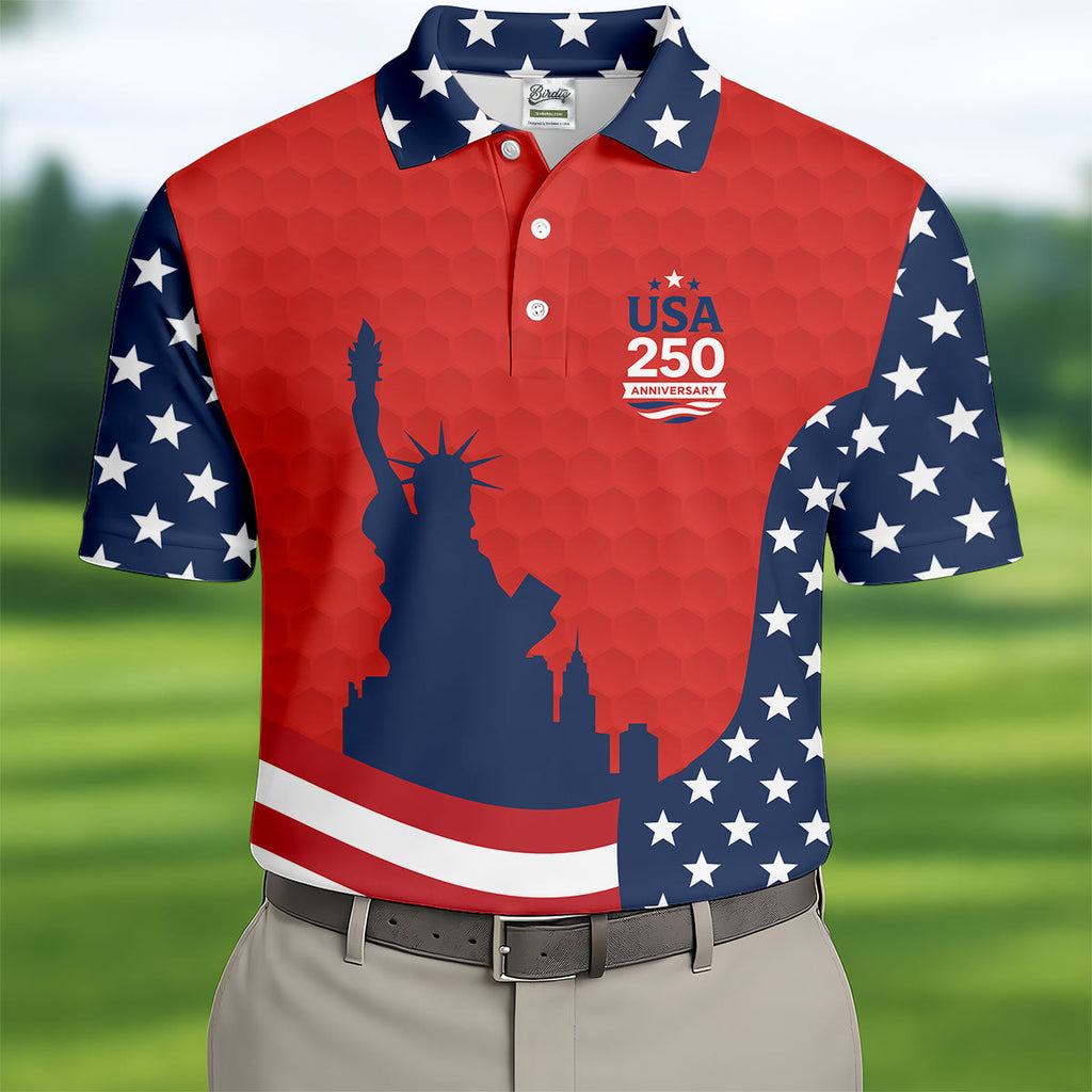 USA 250 Anniversary Statue Of Liberty Red Golf Shirt, Patriotic Golf Shirt, 4th Of July Golf Shirts For Men