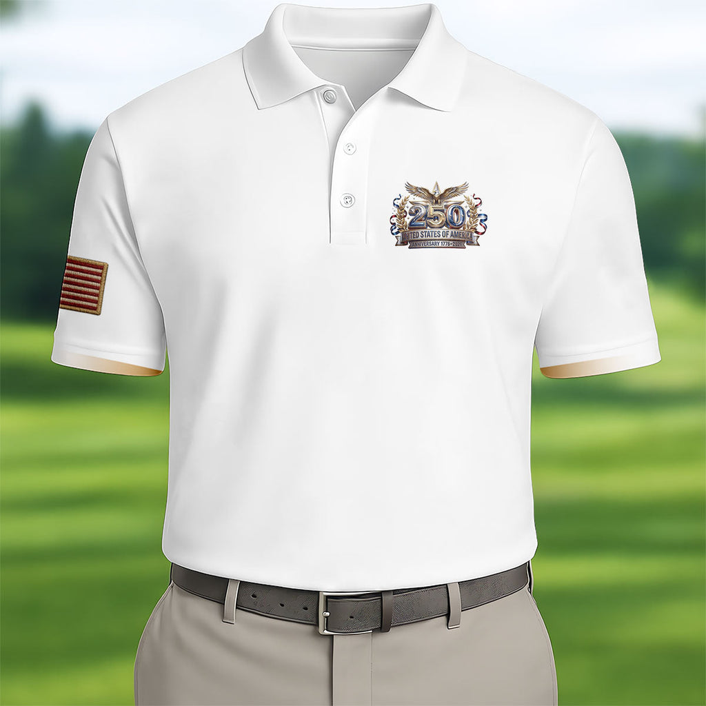 250 Years USA Anniversary 1776-2026 Men's Golf Polo Shirt, America Patriotic Men's White Polo