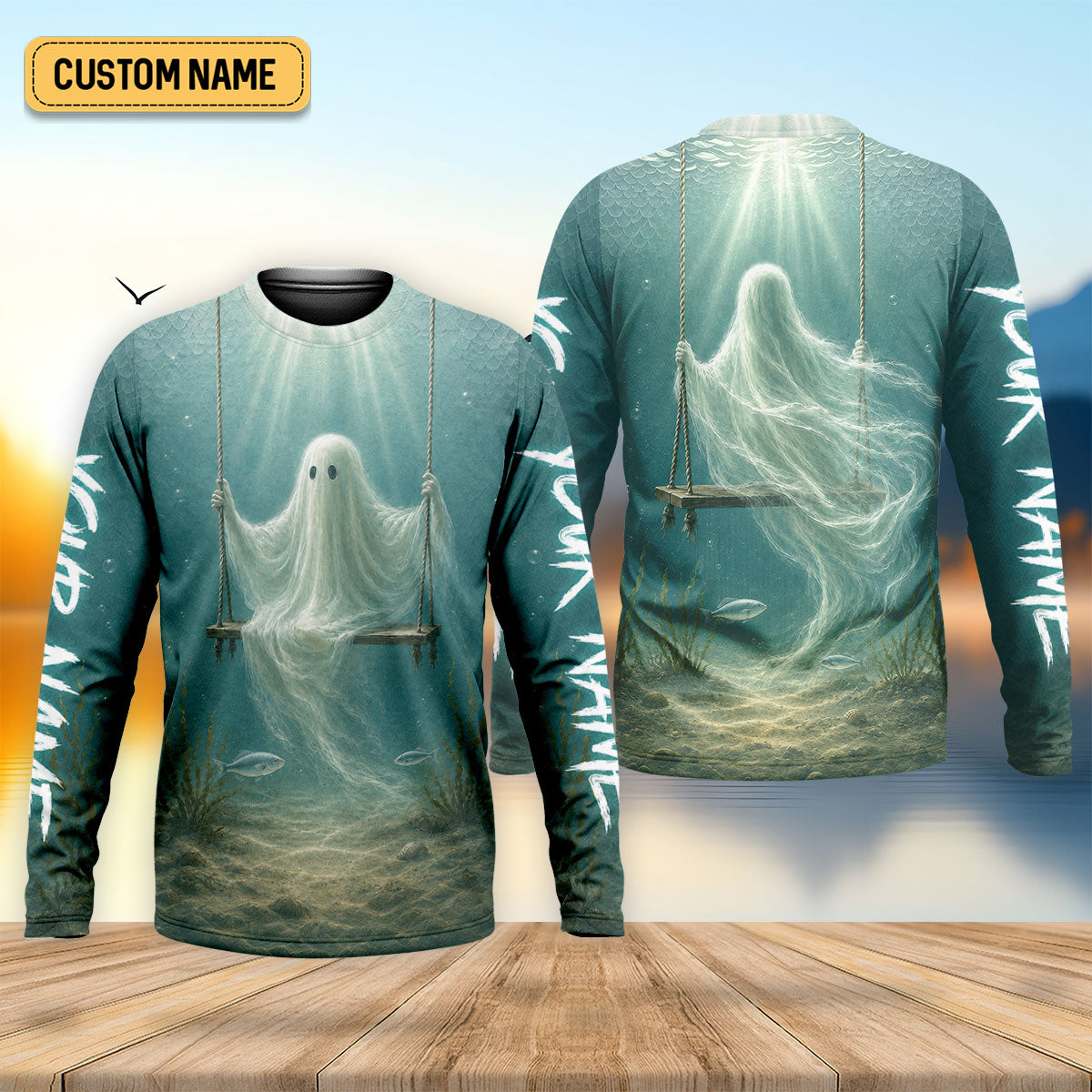 Your Name Underwater Ghost Halloween Fishing UPF Shirt, Mens Fishing Shirt, Fishing Apparel