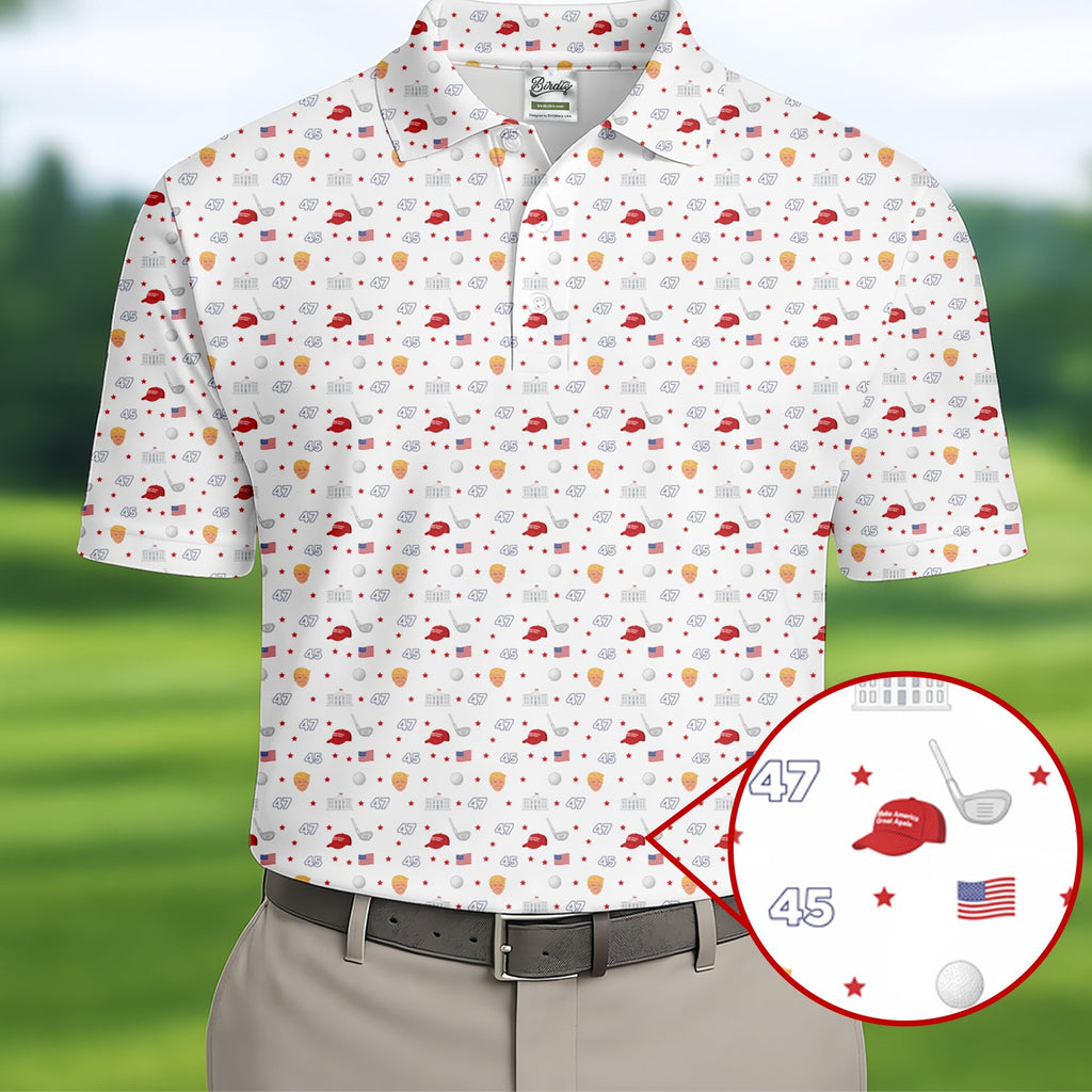 45 47 US Flag Pattern White Golf Shirt, Funny Golf Shirt, Golf Shirts For Men, Golf Gift For Men