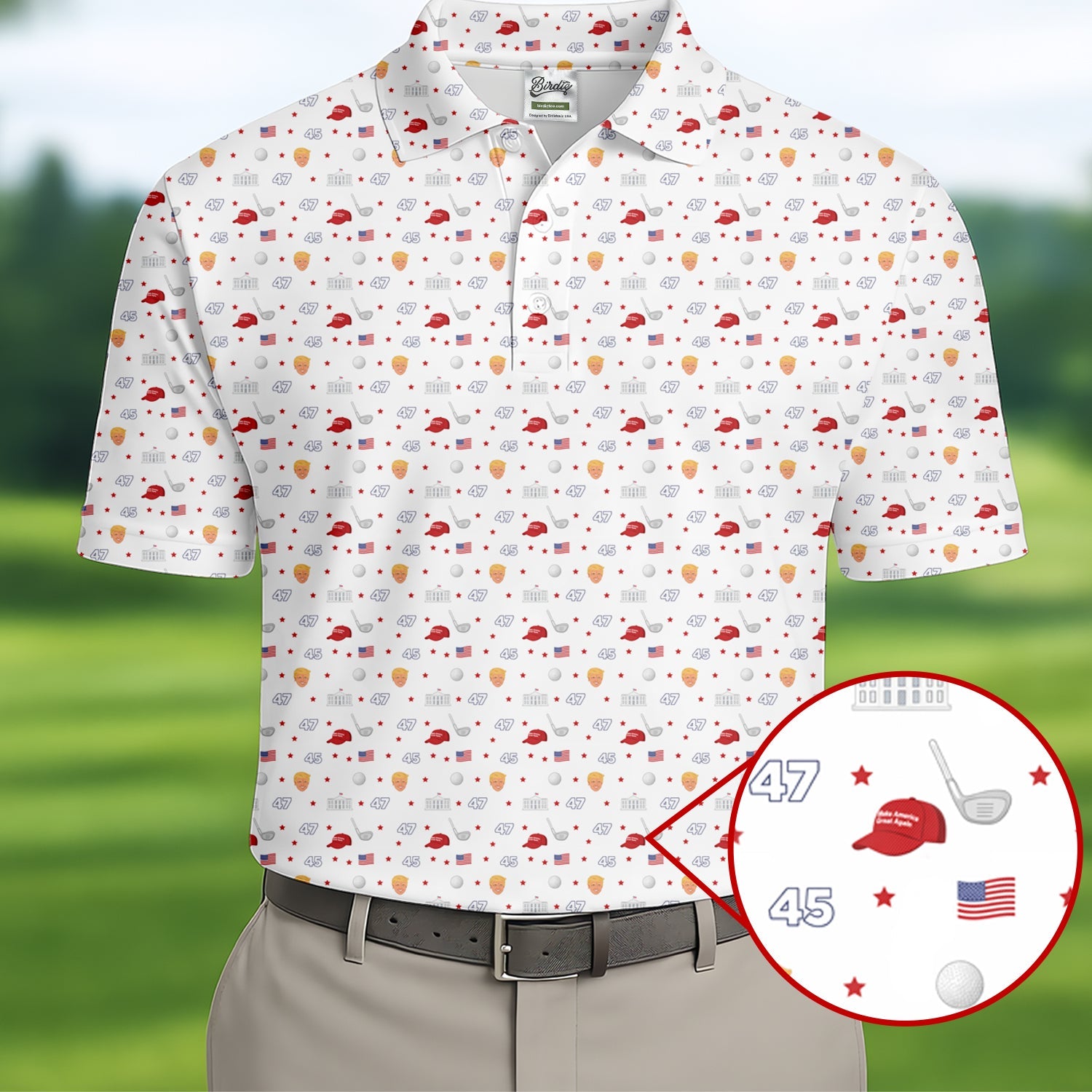 45 47 US Flag Pattern White Golf Shirt, Funny Golf Shirt, Golf Shirts For Men, Golf Gift For Men