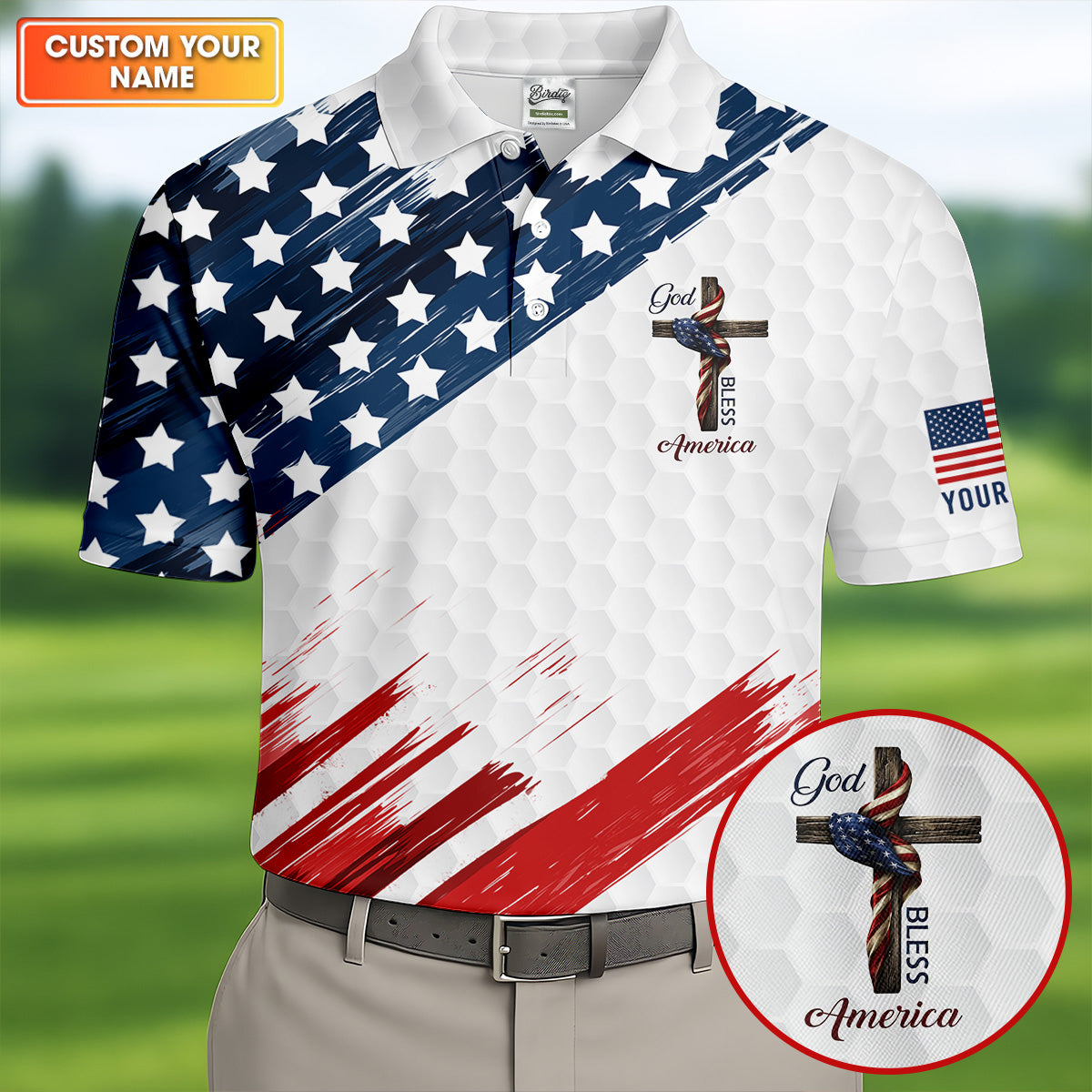 God Bless America Faith Cross US Flag Brush White Golf Shirt, Patriotic 4th Of July Golf Shirts For Men