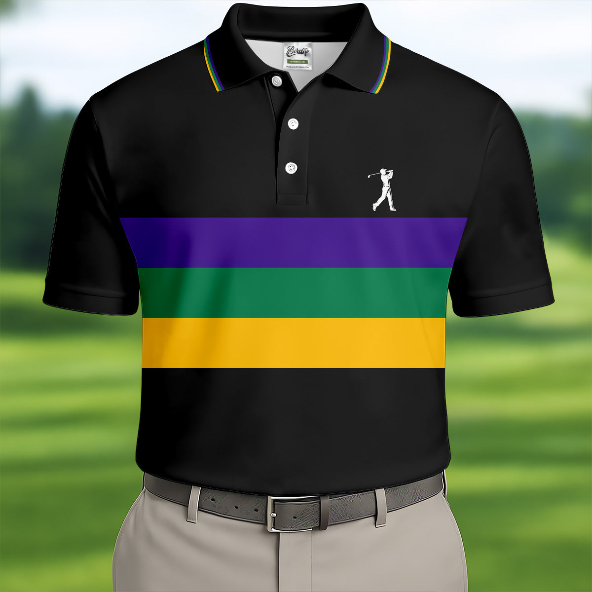 Mardi Gras Purple Green Gold Horizontal Stripes Black Golf Shirt, Golf Tops For Men, Polo Shirts For Men