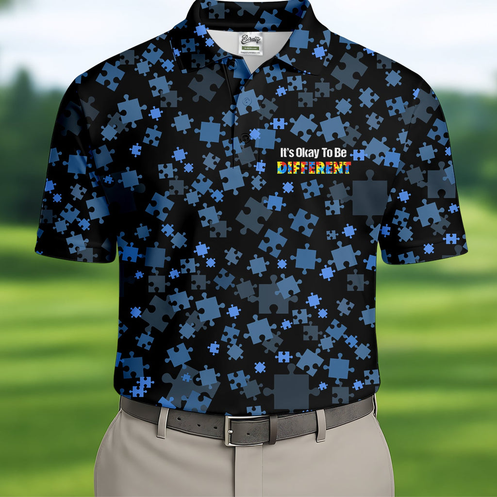 It's Okay To Be Different Autism Awareness Black And Blue Puzzle Pattern Golf Tops For Men, Polo Shirts For Men