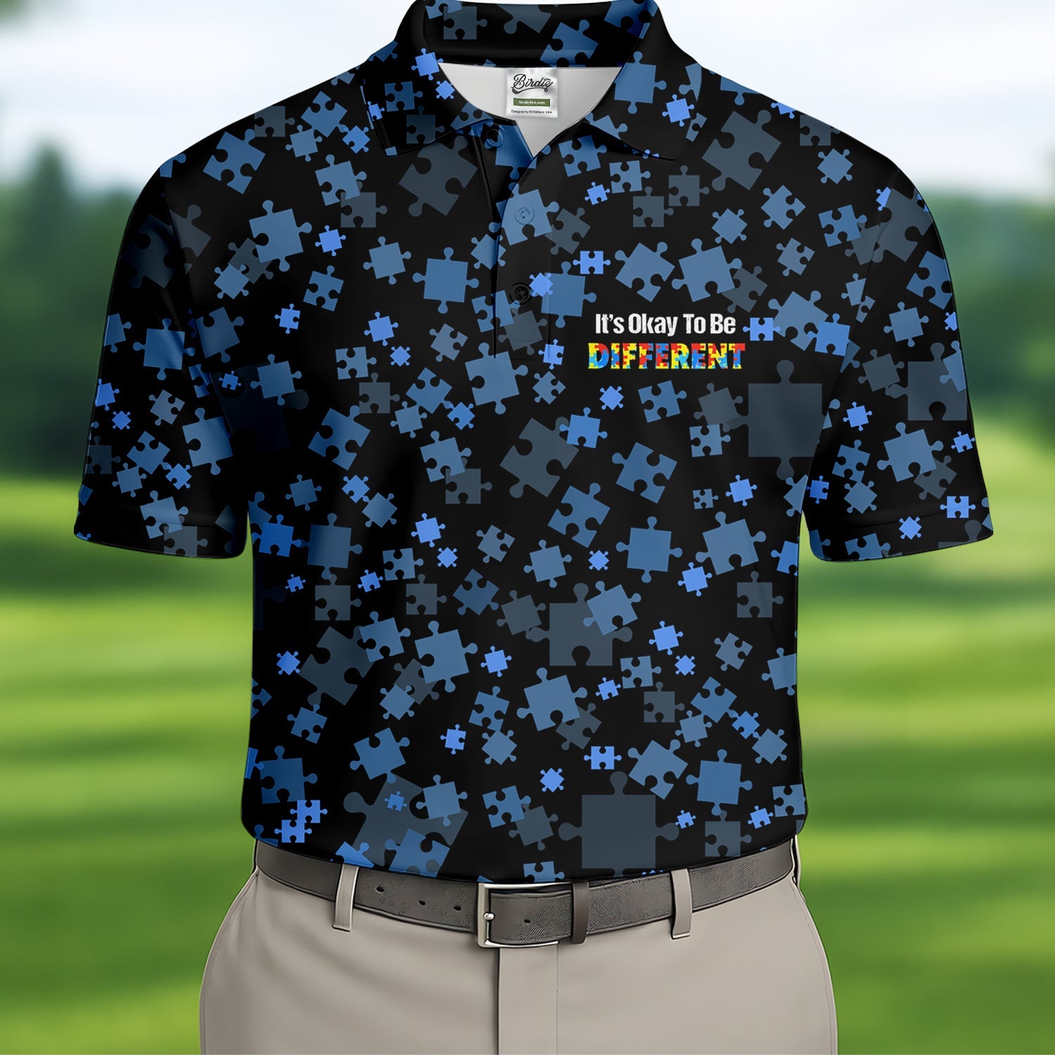It's Okay To Be Different Autism Awareness Black And Blue Puzzle Pattern Golf Tops For Men, Polo Shirts For Men