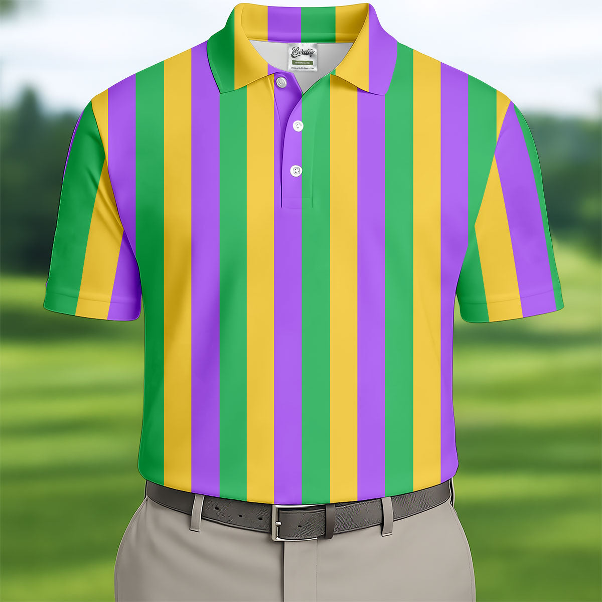 Green Gold Purple Vertical Stripe Mardi Gras Golf Shirt, Polo Shirts For Men, Golf Shirts For Men