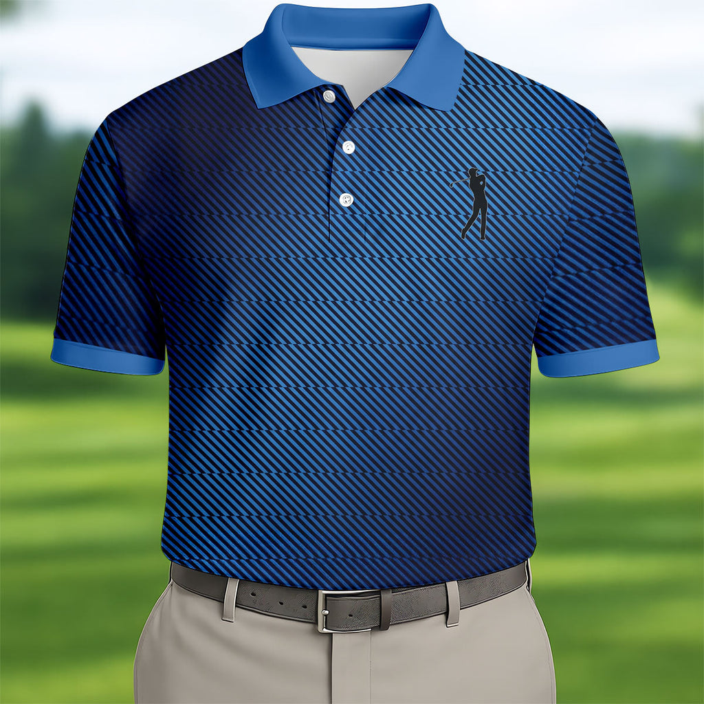 Retro Abstract Gradient Stripe Blue Lines Golf Shirt, Patriotic 4th Of July Golf Shirts For Men