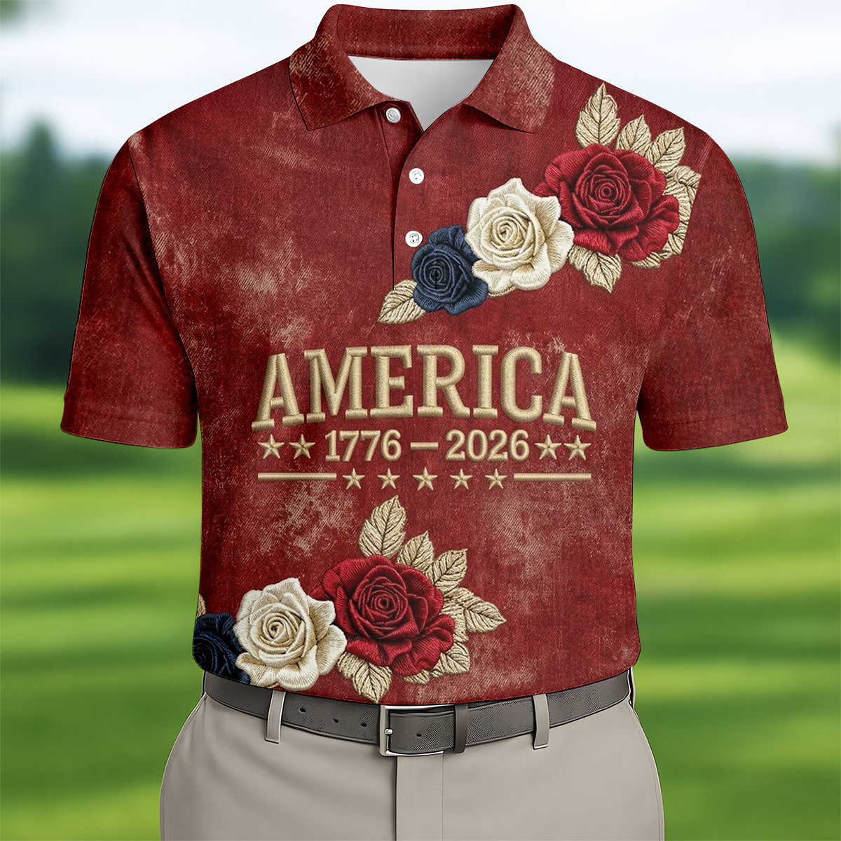 America 1776-2026 Patriotic Roses Vintage Golf Shirt, 250 Years 4th Of July Golf Shirts For Men