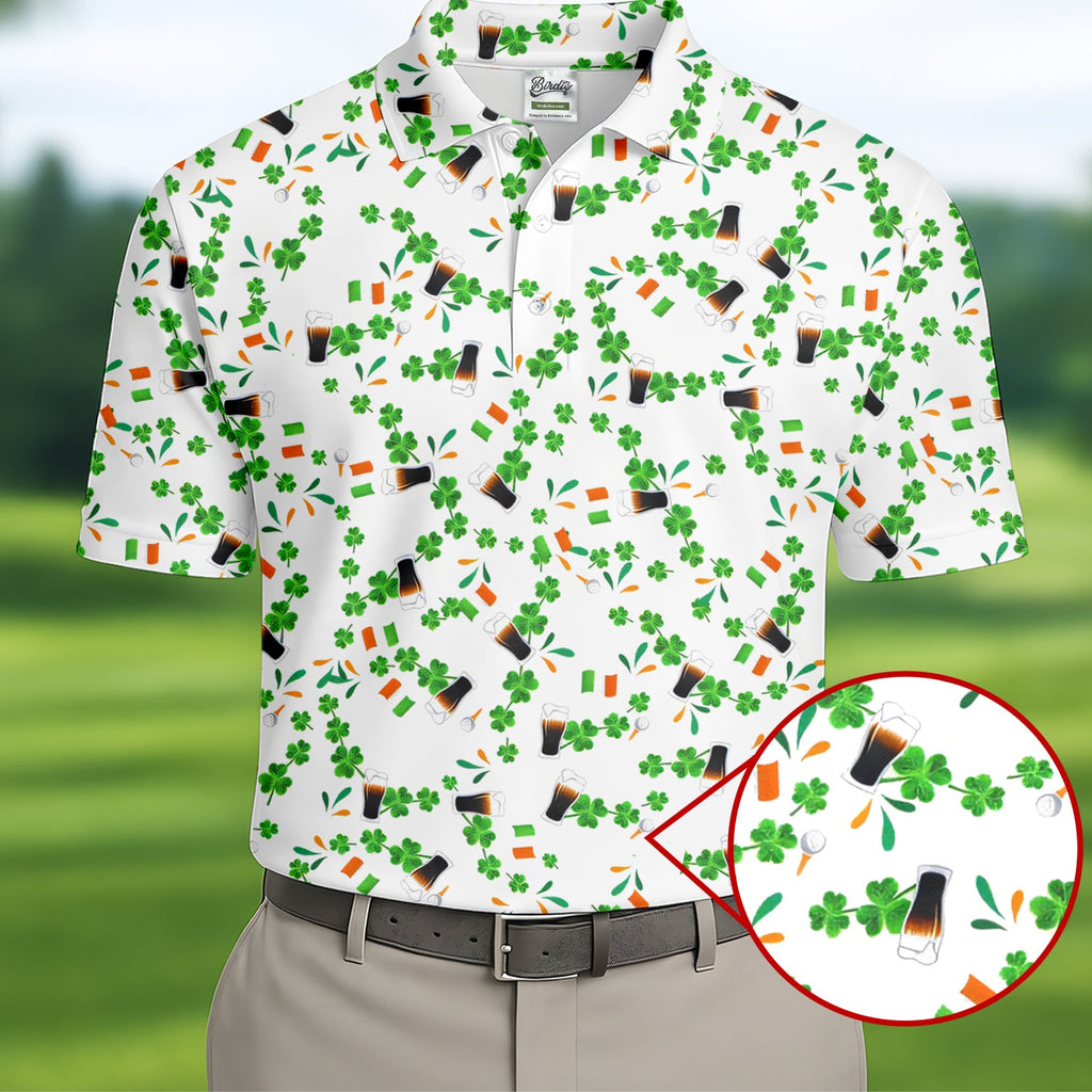 Dark Stout Beer St Patrick's Day Shamrocks White Golf Shirt, Polo Shirts For Men, Golf Shirts For Men