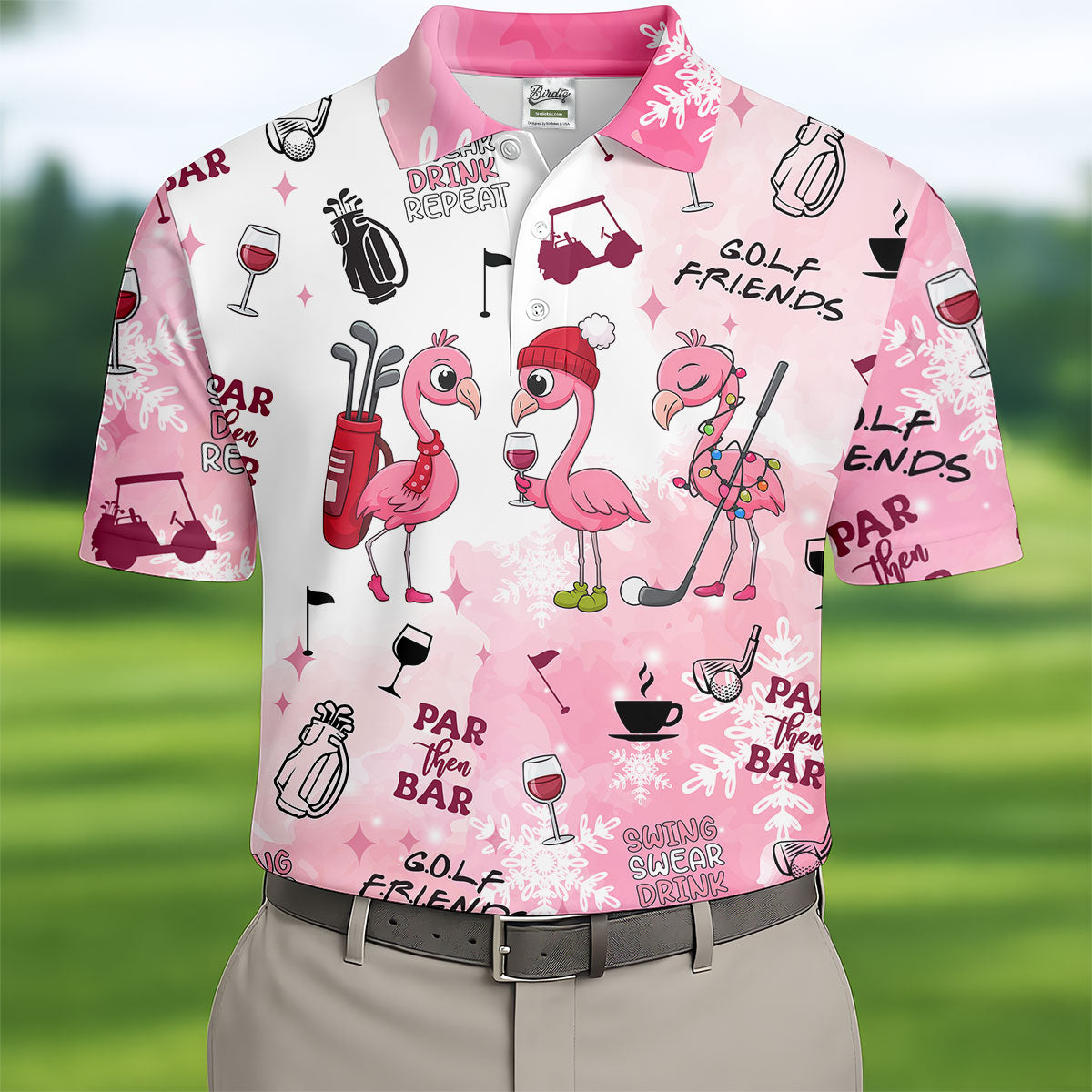 Golf Friends Par Then Bar Flamingo Christmas Golf Shirt, Golf Tops For Men, Pink Golf Polo, Golf Gift For Men