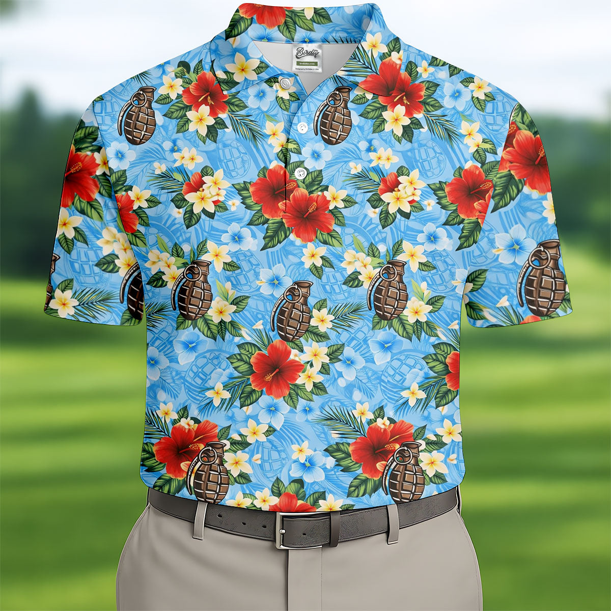 Floral Pattern Army Theme Hawaiian Blue Golf Shirt, Men's Golf Polo Shirts, Golf Shirts For Men