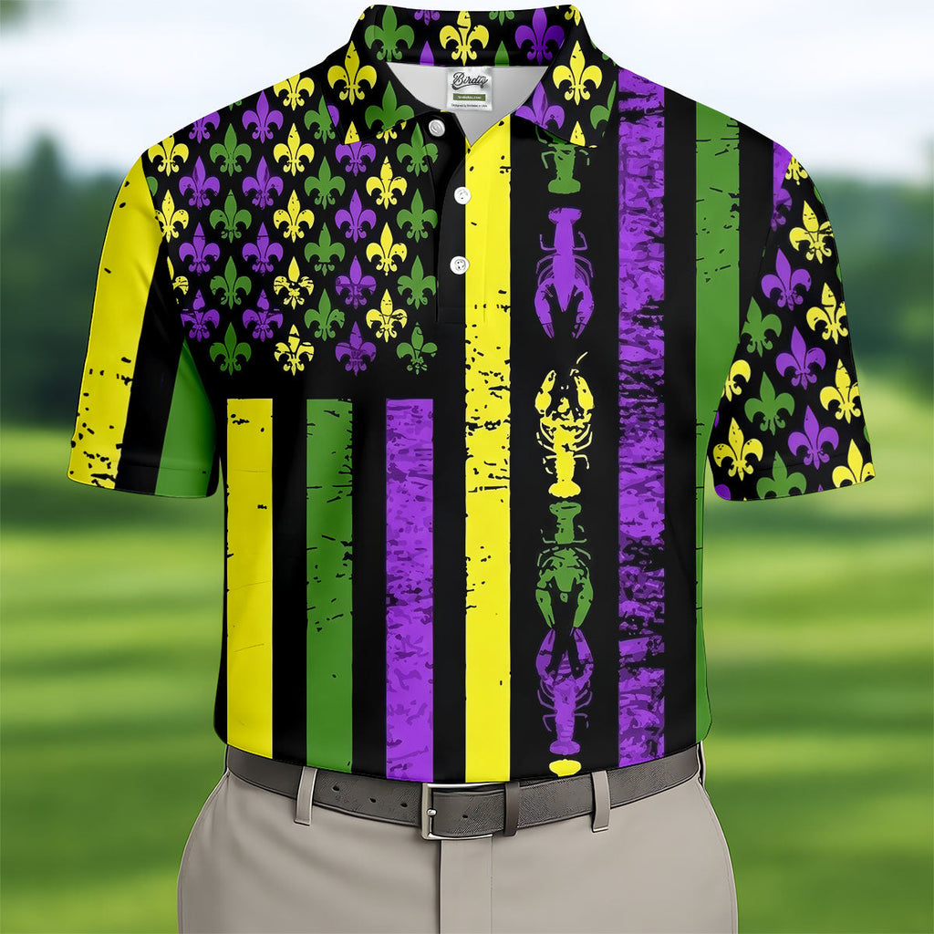Mardi Gras Flag Fleur-De-Lis Symbol Crawfish Pattern Golf Tops For Men, Polo ShirtFor Men, Golf Shirts For Men